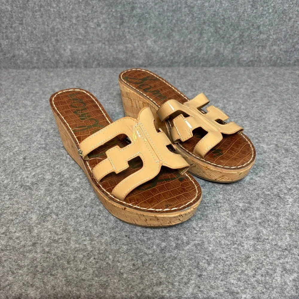 Sam Edelman Regis Brown Nude Patent Leather Slip On Cork Wedge Sandals Womens 9